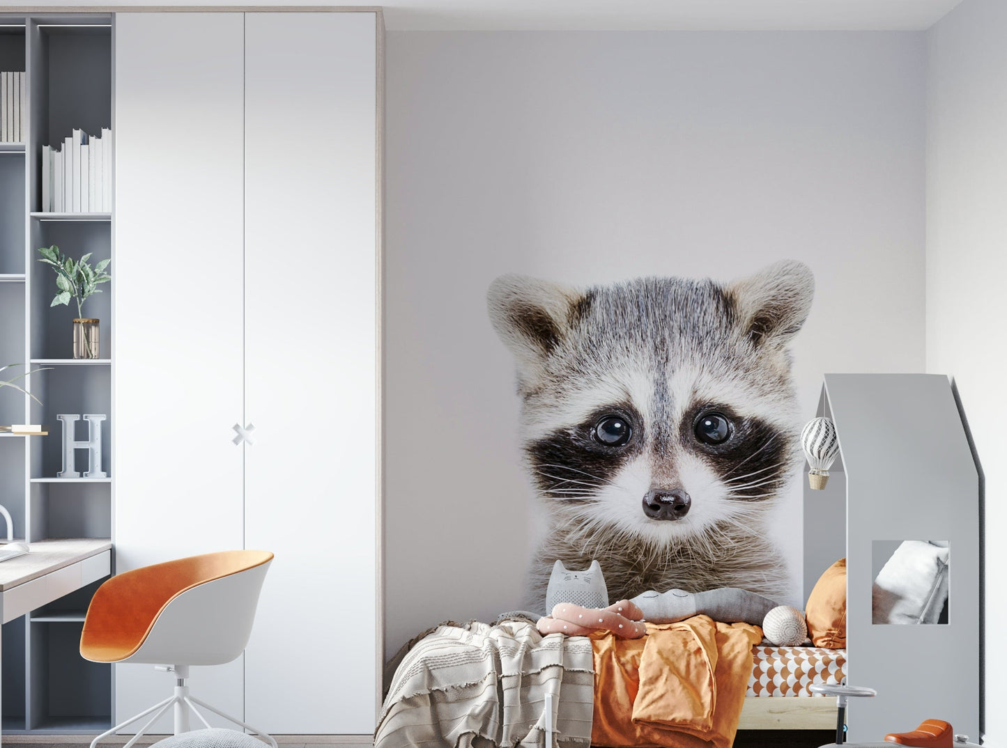 Woodland baby raccoon mural on a pastel wall


