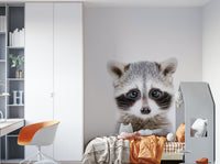 Woodland baby raccoon mural on a pastel wall

