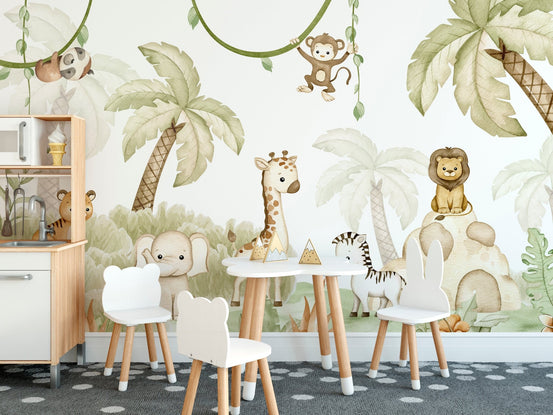 Baby Safari Animals Watercolor Wallpaper for kids OR07