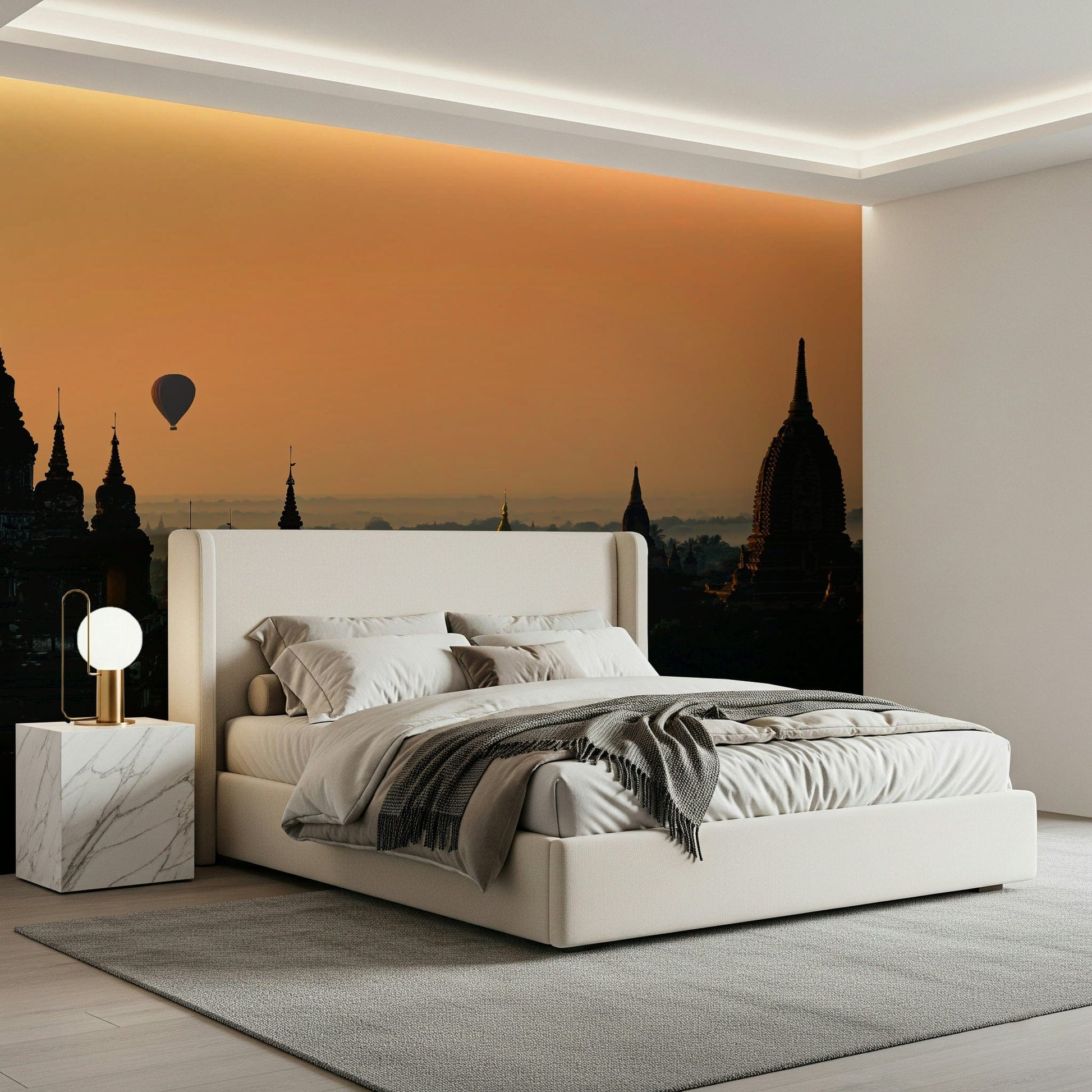 A peaceful open country mural on decorative wallpaper.