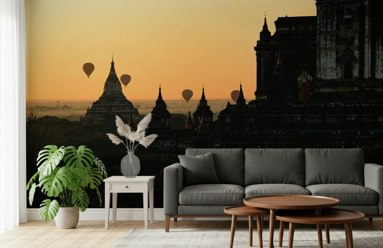 A beautiful Bagan sunrise wallpaper mural with hot air balloons floating over temples.