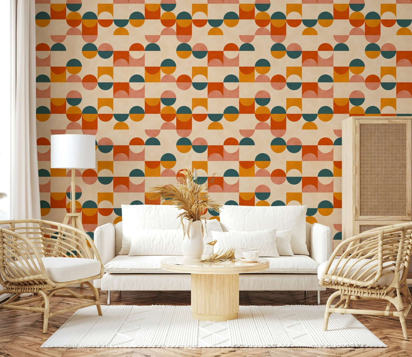 Balance Act wallpaper, geometric style, warm terracotta colors.