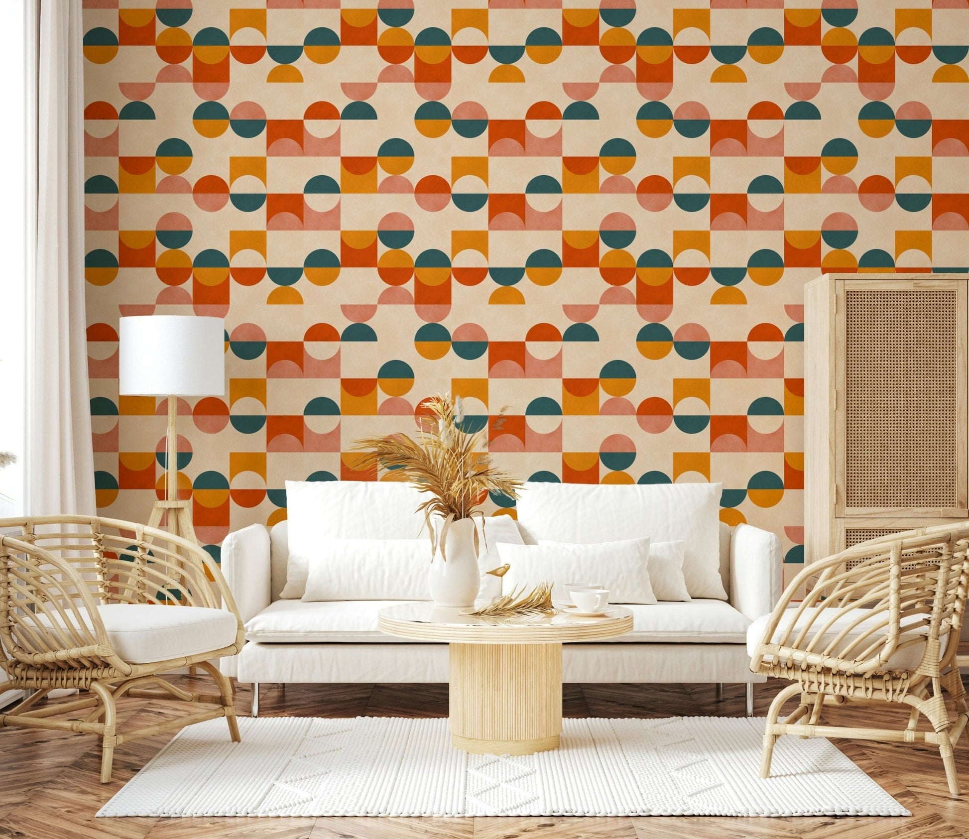 Balance Act wallpaper, geometric style, warm terracotta colors.