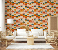 Balance Act wallpaper, geometric style, warm terracotta colors.