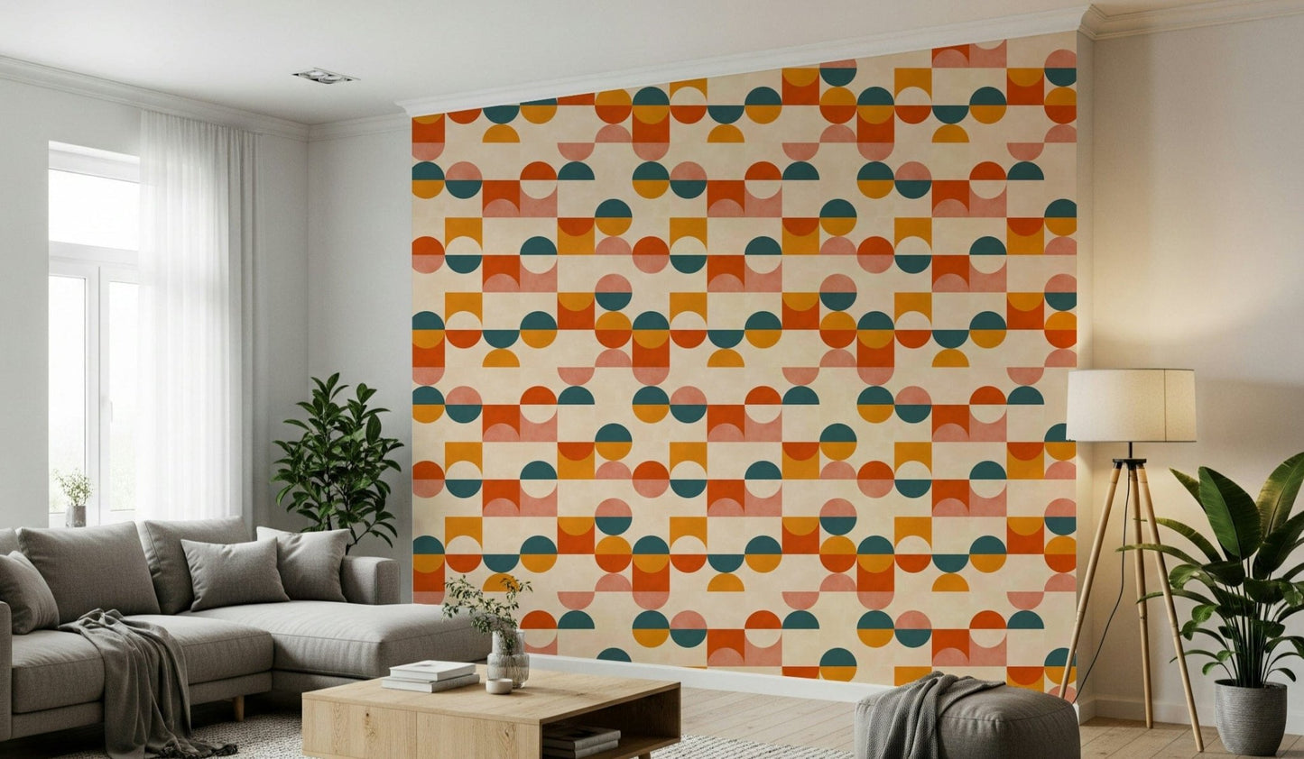Modern wall mural Balance Act, mid-century abstract shapes.