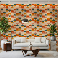 Balance Act architectural wallpaper for walls, peach and ochre.