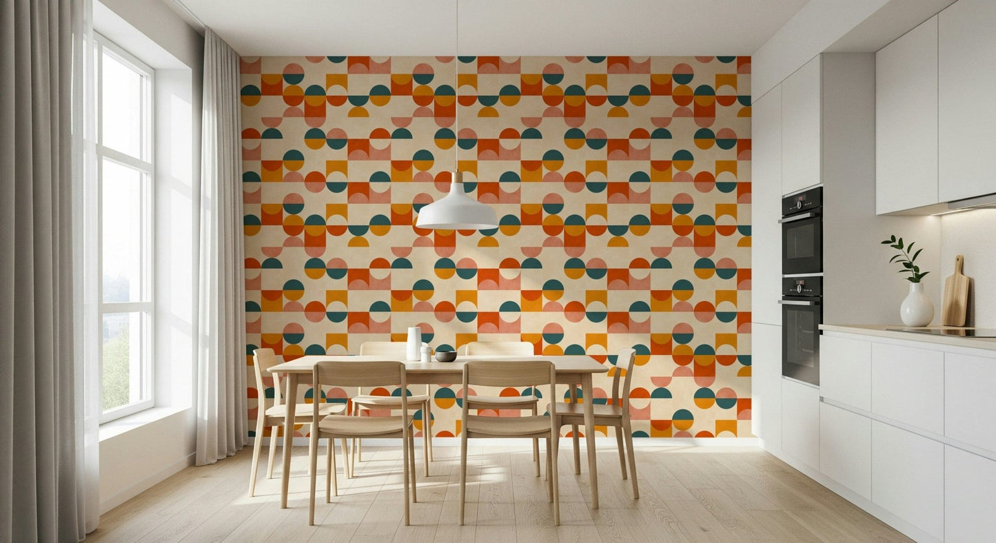 Graphic Balance Act wall mural, intersecting earthy geometry.