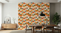 Retro Balance Act wall mural, circular and square patterns.