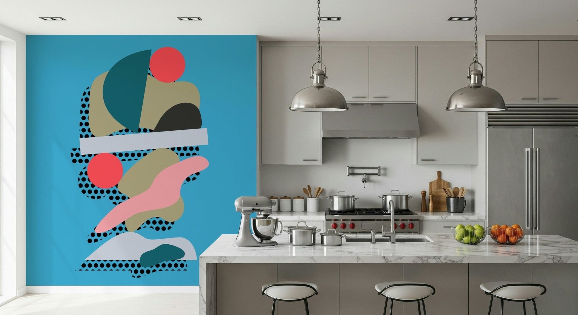 Ebullient peel and stick wallpaper, Balanced Forms Jubilant shapes, Vibrant.