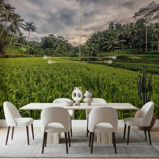 Bali rice field wall mural with tropical trees