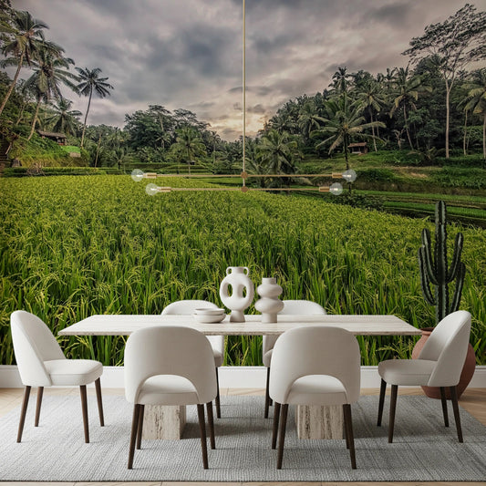 Bali rice field wall mural with tropical trees
