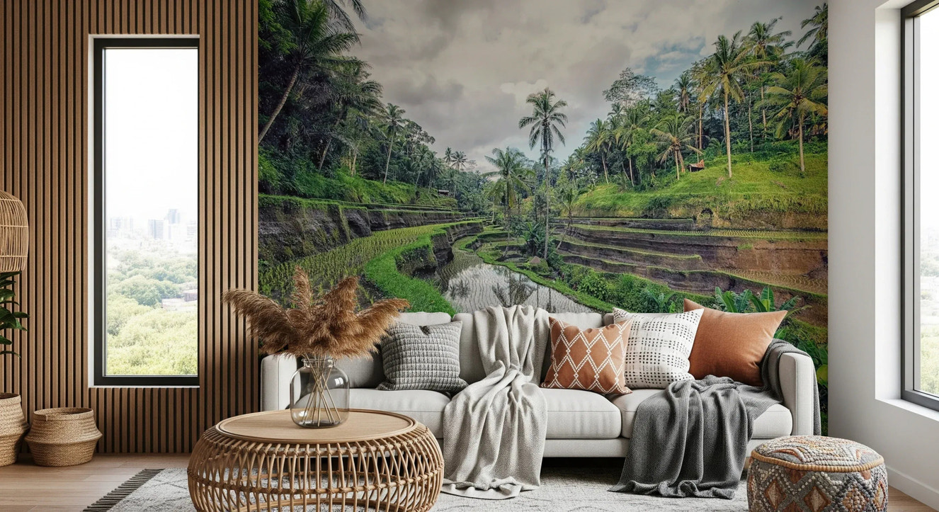 Terraced Bali Rice Fields wall mural in a modern living room setting.