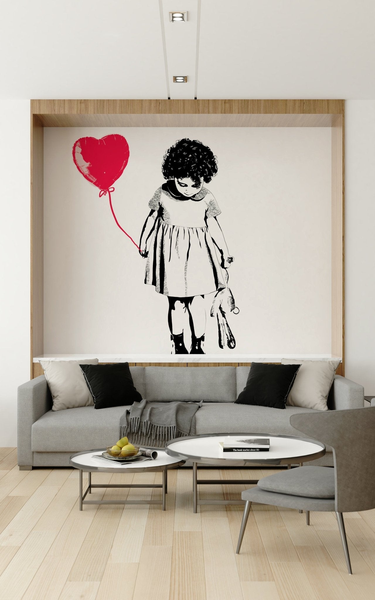 Living room with Balloon Girl Art Wall Mural in a minimalist urban style., GD7856