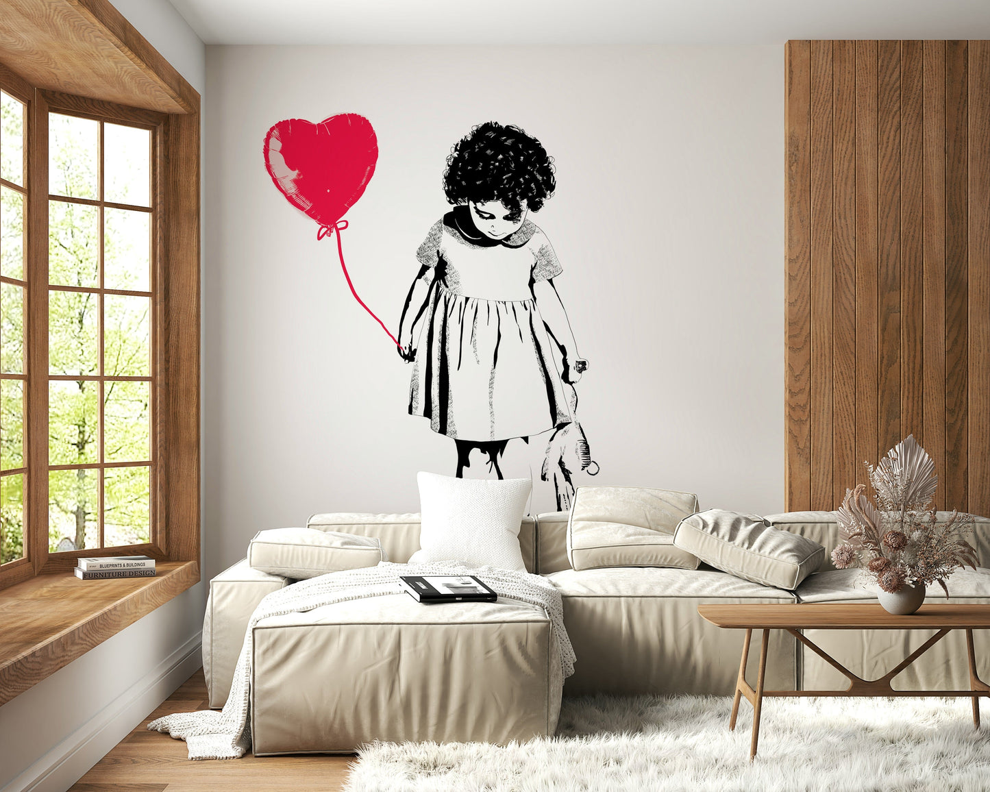 Hallway decorated with Balloon Girl Art wallpaper to add artistic interest.