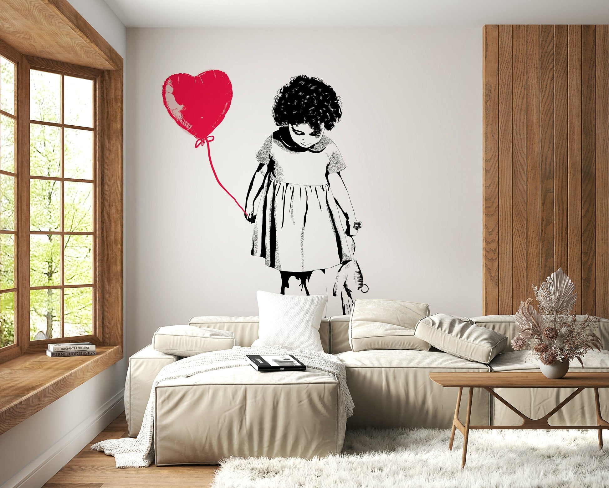 Hallway decorated with Balloon Girl Art wallpaper to add artistic interest.