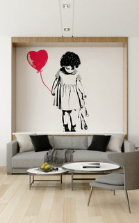 Living room with Balloon Girl Art Wall Mural in a minimalist urban style.