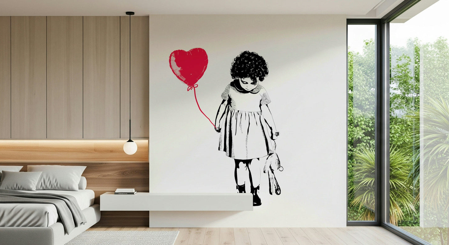 Study room wall with Balloon Girl Art Wall Mural and minimalist desk setup.