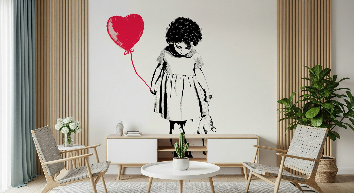 Dining area wall mural with Balloon Girl Art design and industrial furniture.