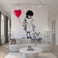Teen bedroom wall mural with Balloon Girl Art pattern in bold monochrome.