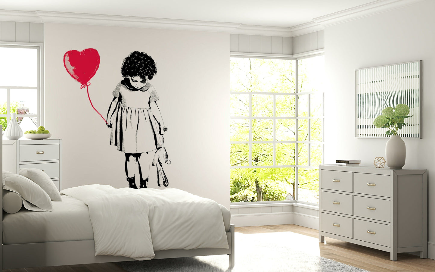 Neutral toned Balloon Girl Art wallpaper in a bright and airy gallery lounge.