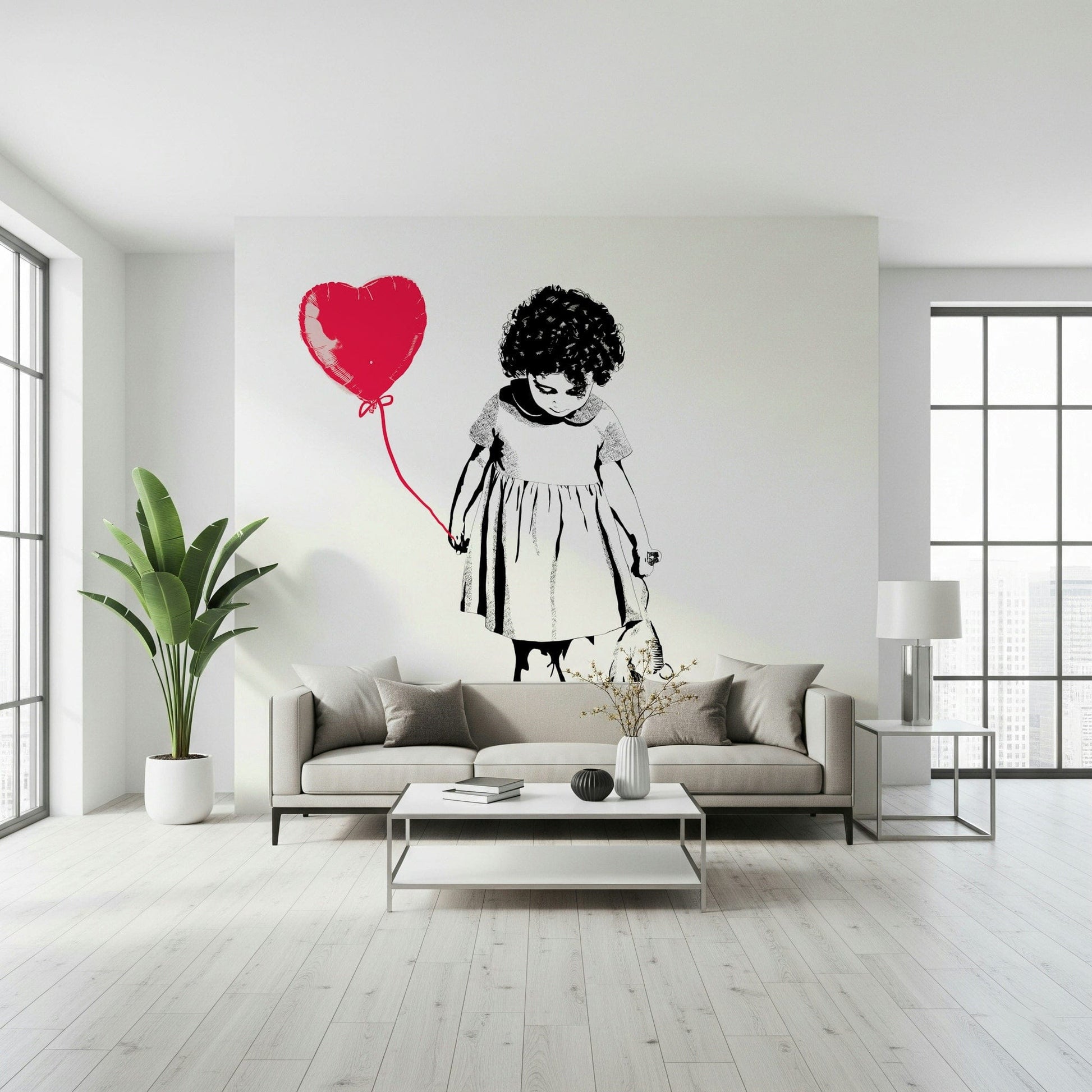 Bedroom feature wall featuring Balloon Girl Art wallpaper for a modern look.