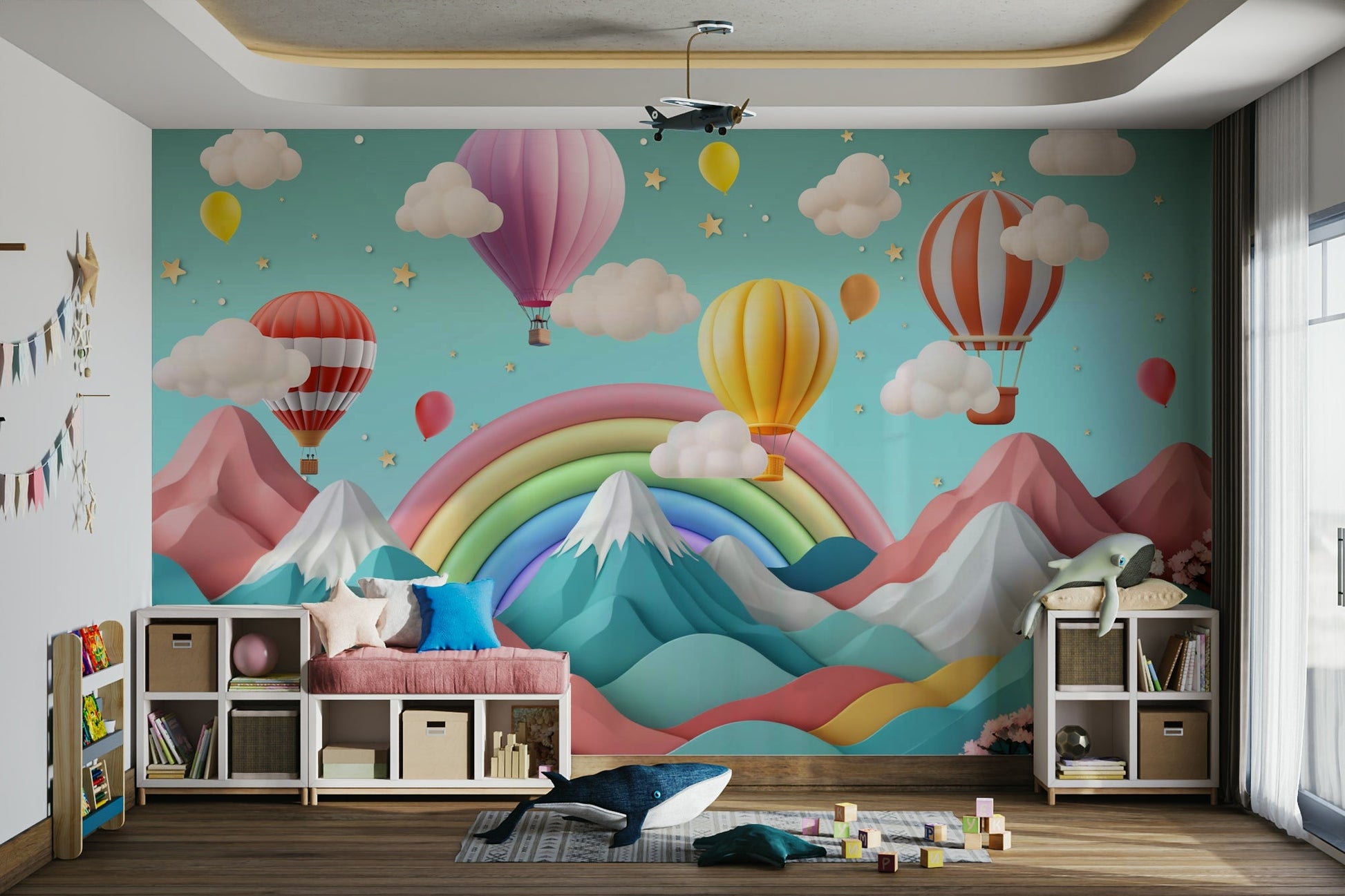 The design features graceful, gentle hot air balloons floating in the sky.

