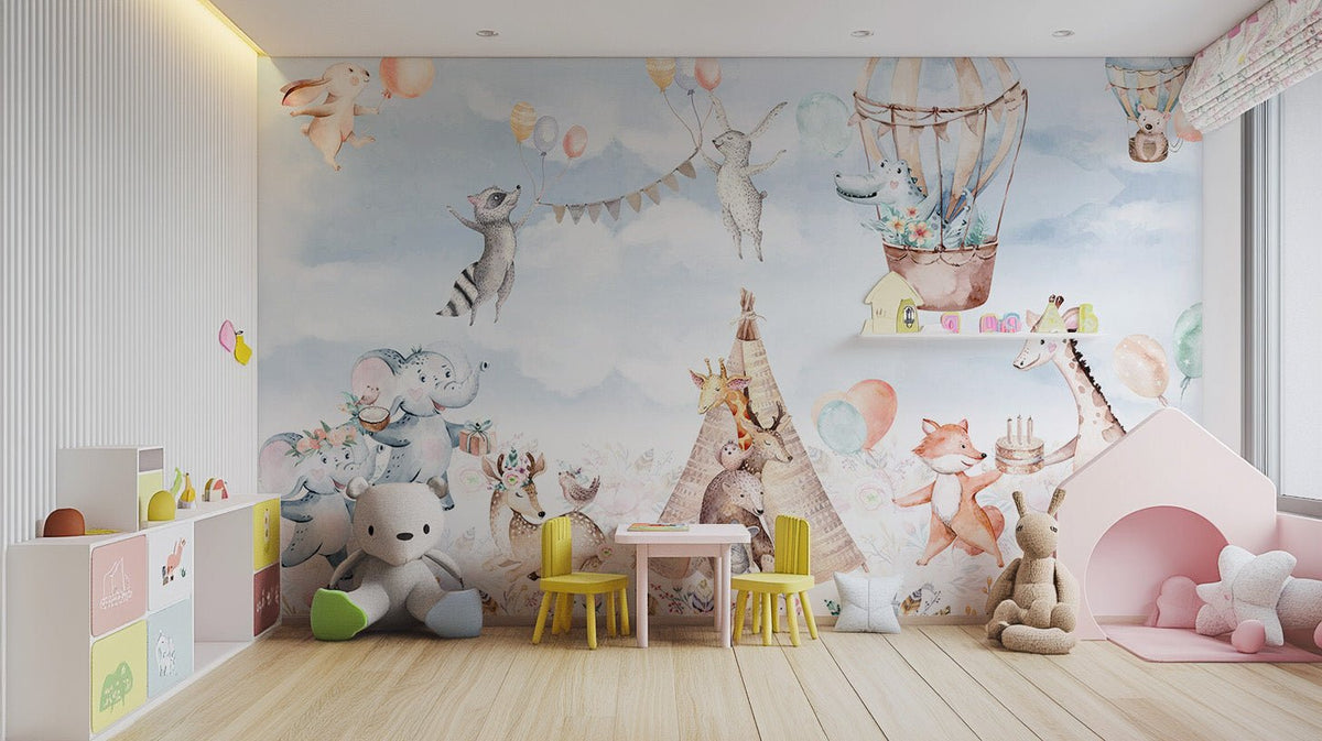 Colorful balloons wallpaper floating over blossom valley mural., B874