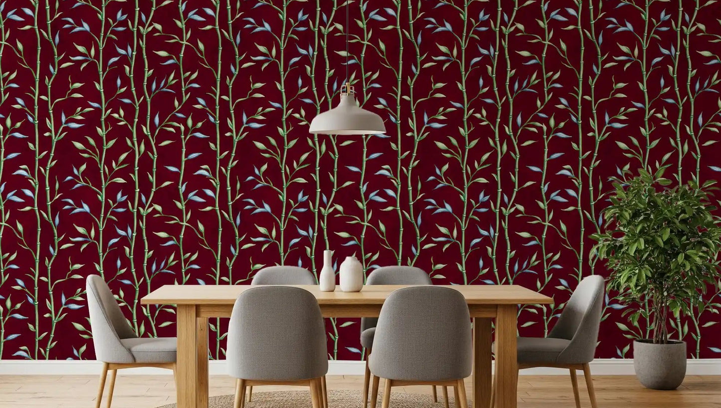 Dining room with Bamboo Breeze Crimson Wallpaper and green stems