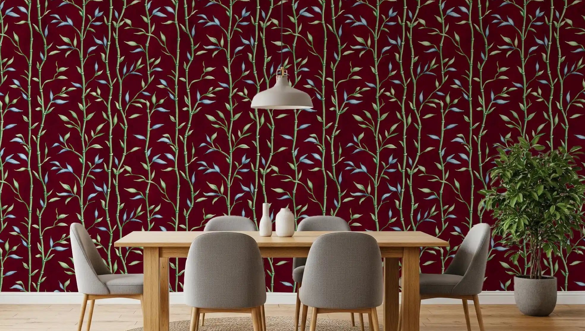 Dining room with Bamboo Breeze Crimson Wallpaper and green stems, GD9041