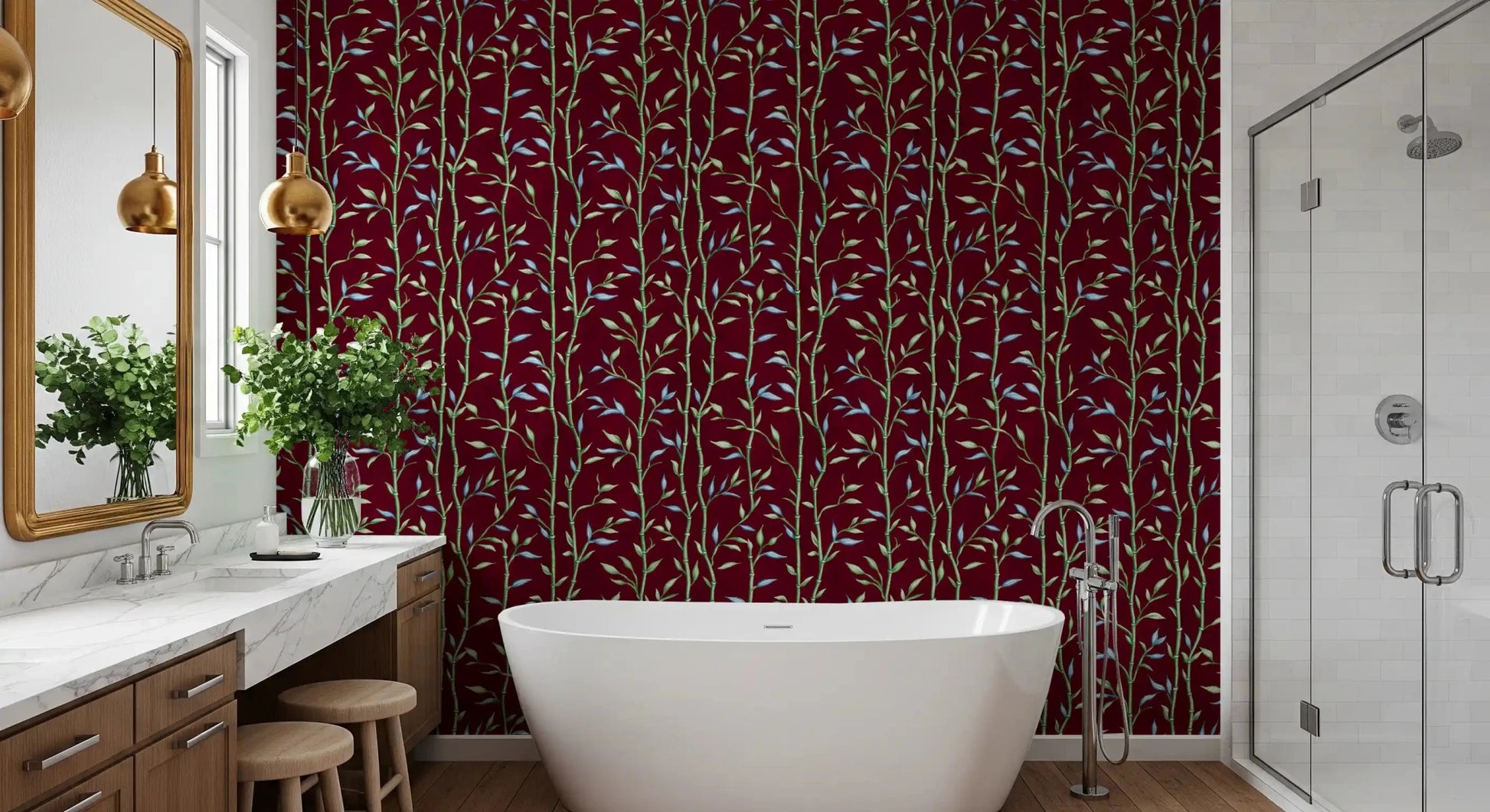 Bathroom featuring Crimson Wallpaper with Bamboo Breeze detail