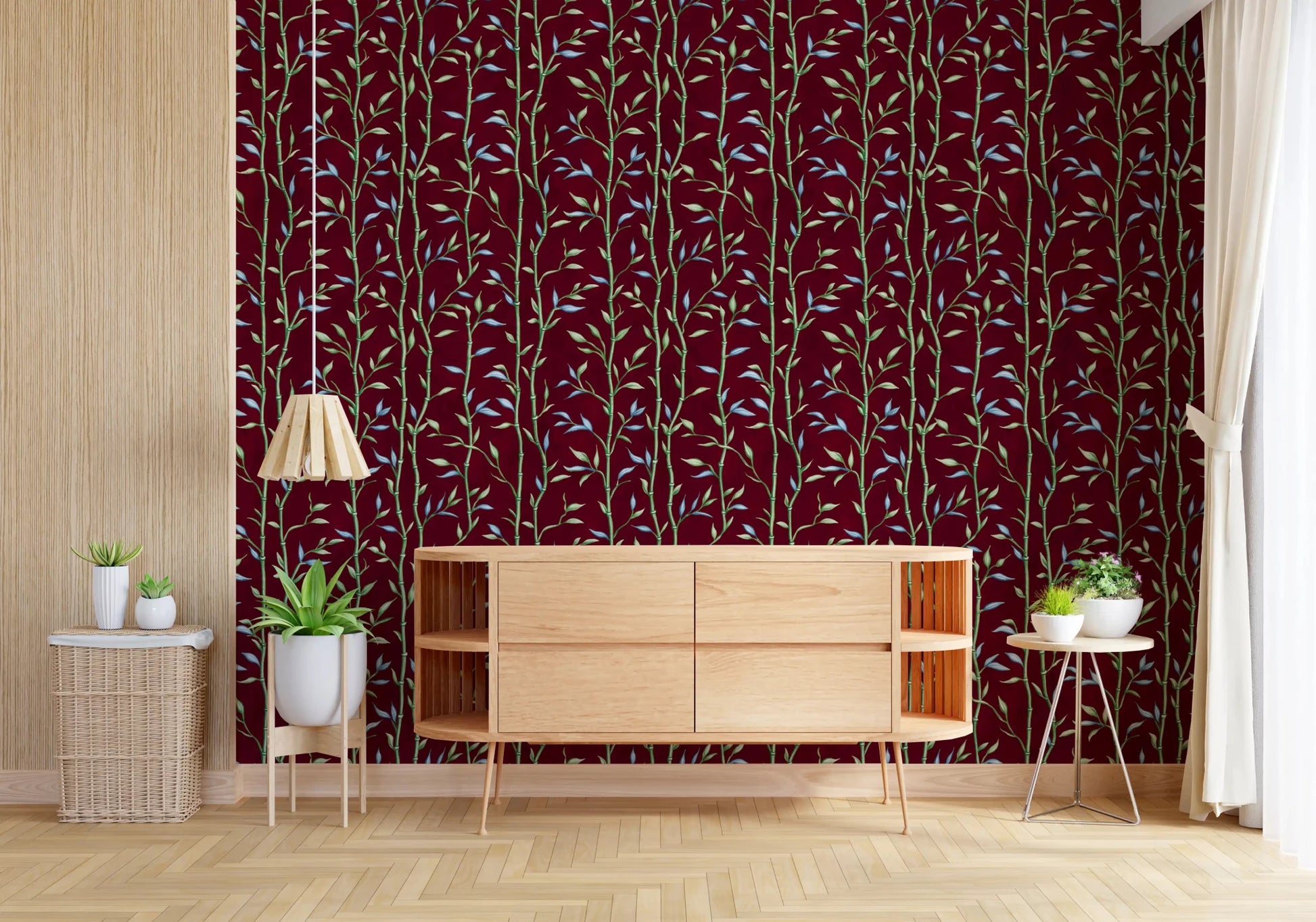 Deep crimson tones anchor Bamboo Breeze Crimson Wallpaper elegantly