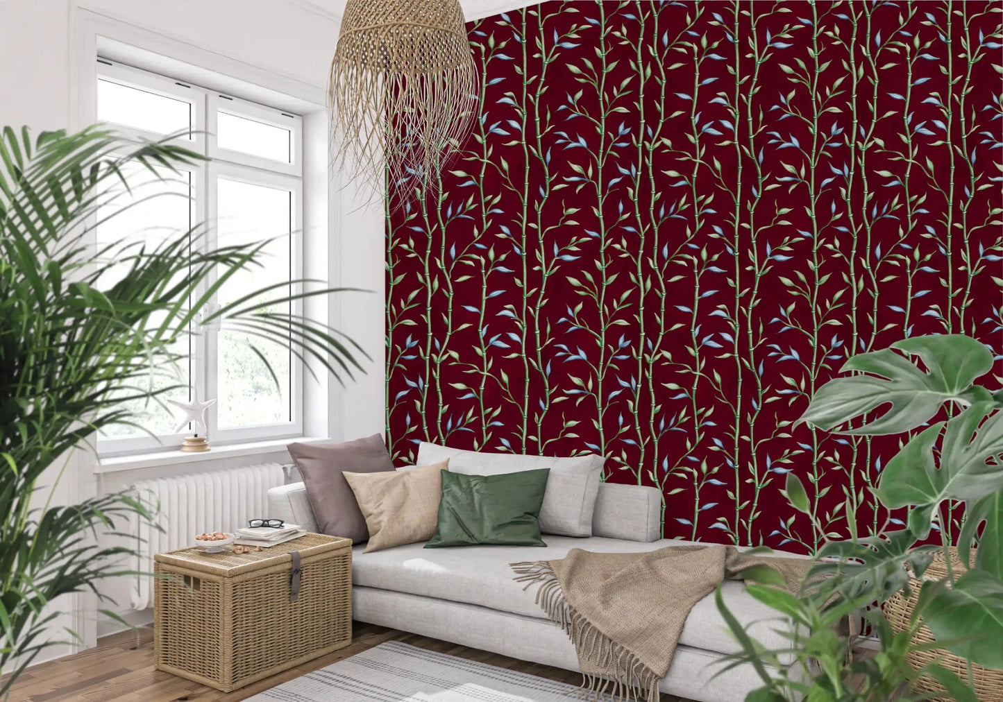 Hallway with Bamboo Breeze Crimson botanical wallpaper pattern