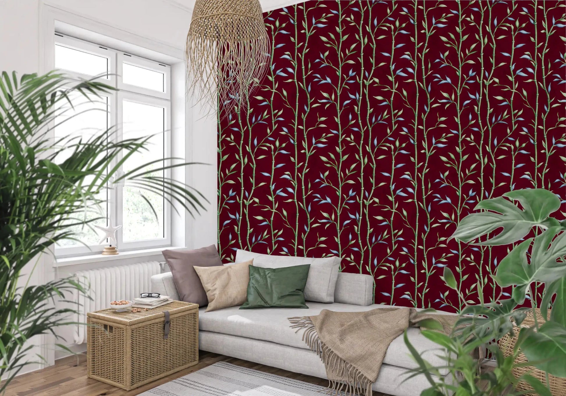 Hallway with Bamboo Breeze Crimson botanical wallpaper pattern