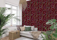 Hallway with Bamboo Breeze Crimson botanical wallpaper pattern