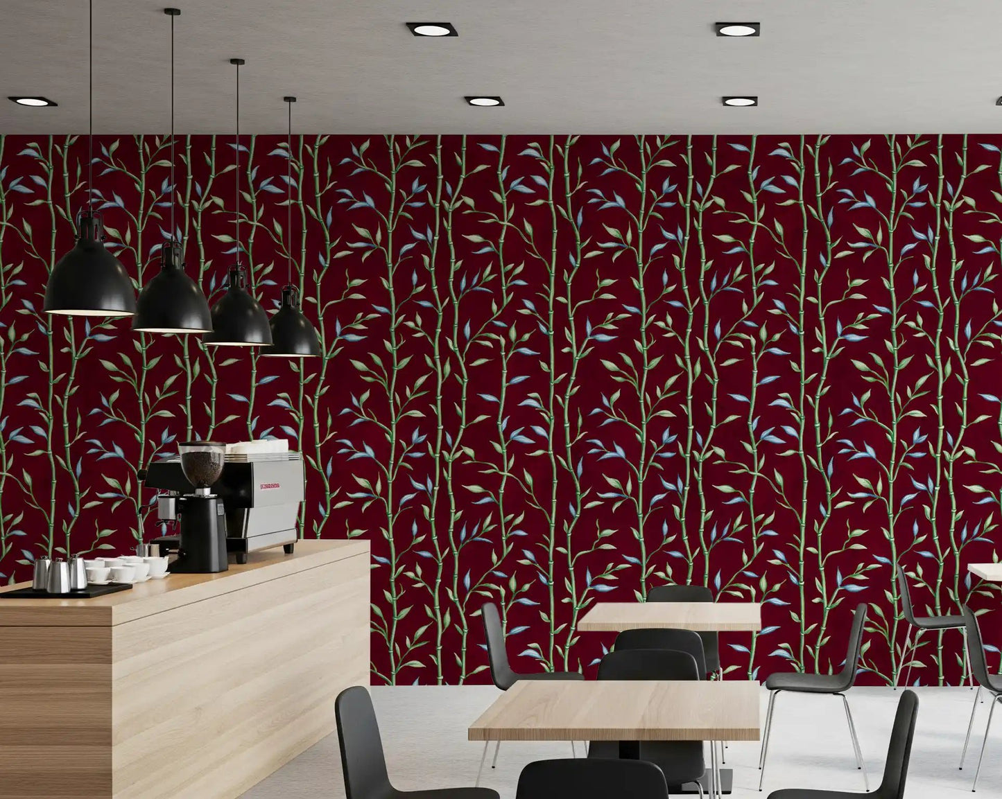 Vertical stems define this Bamboo Breeze Crimson Wallpaper design