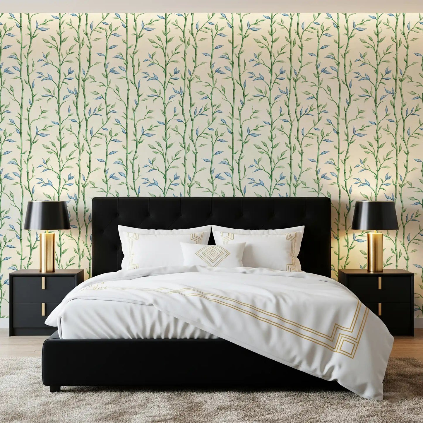 Bamboo Breeze Ivory Wallpaper behind a black bed in a softly layered bedroom