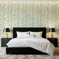 Bamboo Breeze Ivory Wallpaper behind a black bed in a softly layered bedroom
