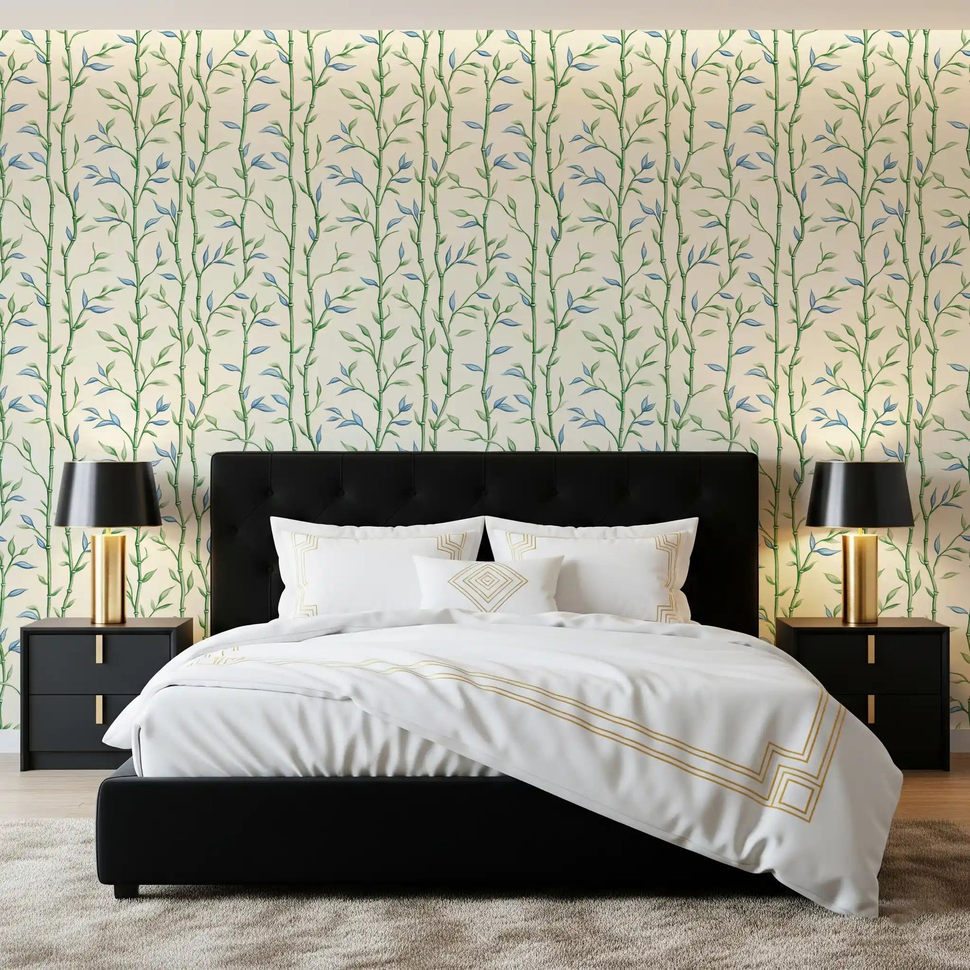 Bamboo Breeze Ivory Wallpaper behind a black bed in a softly layered bedroom, GD8933