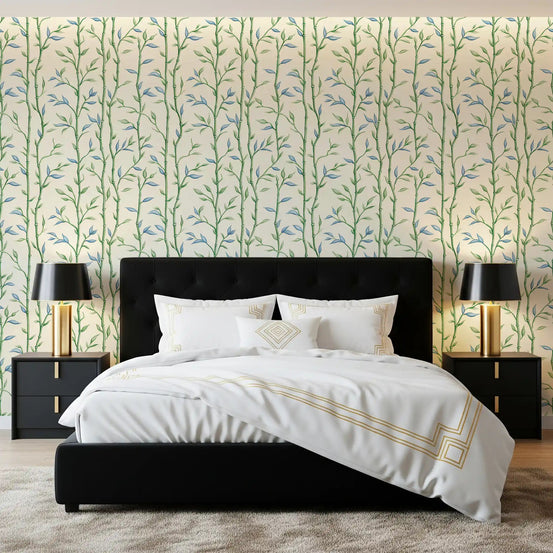 Bamboo Breeze Ivory Wallpaper behind a black bed in a softly layered bedroom, GD8933
