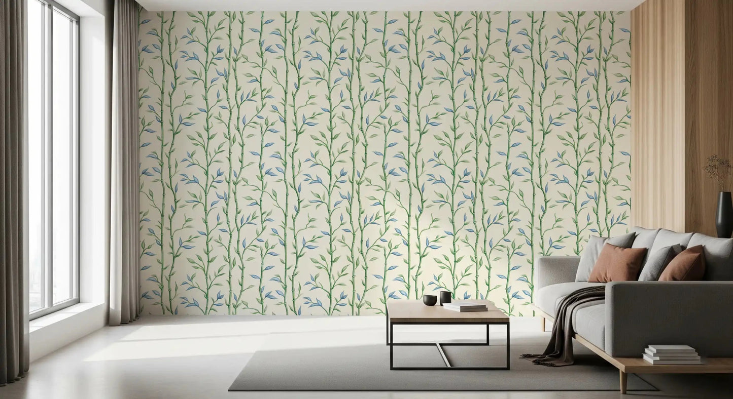 Bamboo Breeze Ivory Wallpaper behind a cozy sofa in a bright corner lounge