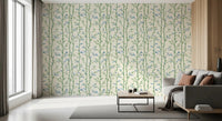 Bamboo Breeze Ivory Wallpaper behind a cozy sofa in a bright corner lounge