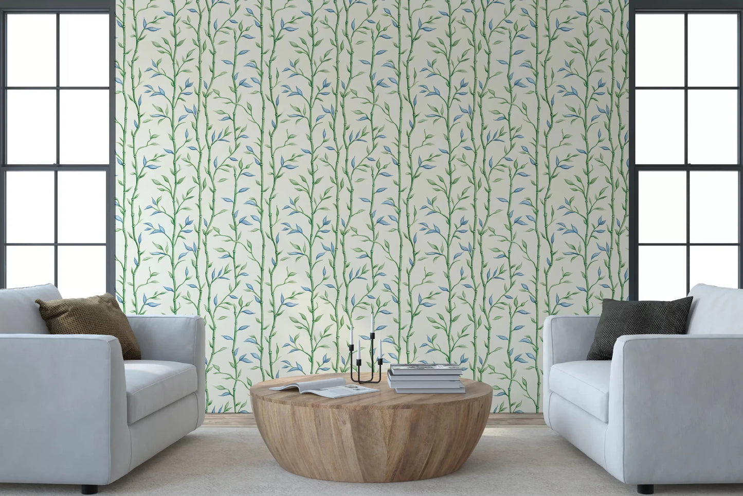 Living sitting room featuring Bamboo Breeze Ivory Wallpaper and pale blue seating