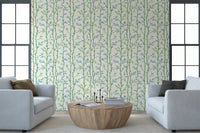 Living sitting room featuring Bamboo Breeze Ivory Wallpaper and pale blue seating