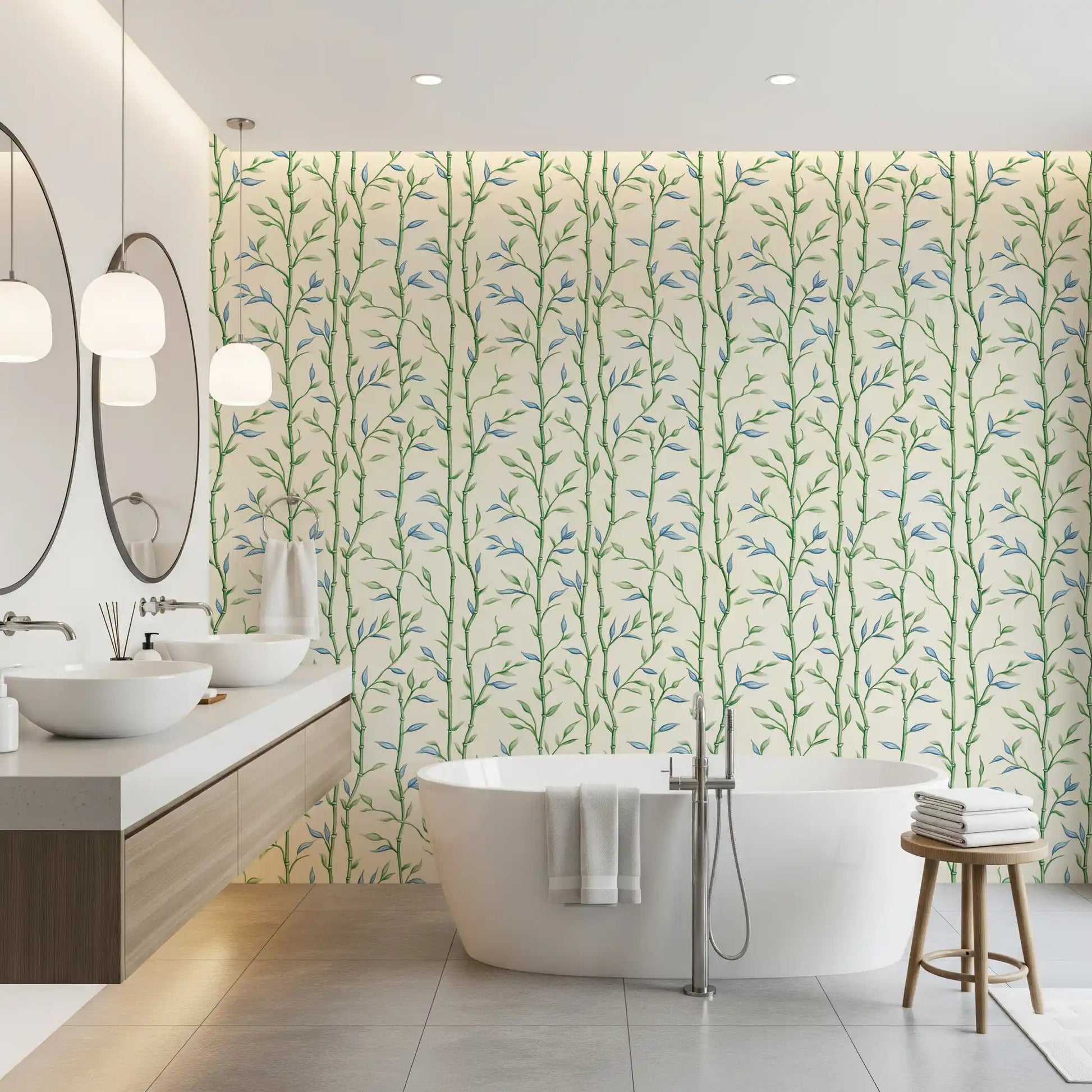 Bright bathroom styled with Bamboo Breeze Ivory Wallpaper and warm wood accents
