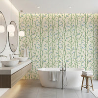 Bright bathroom styled with Bamboo Breeze Ivory Wallpaper and warm wood accents