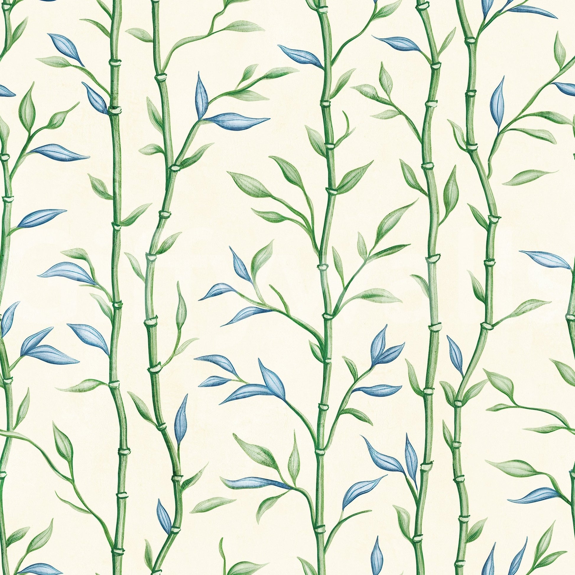Bamboo Breeze Ivory Wallpaper with slim green canes and soft blue leaf accents