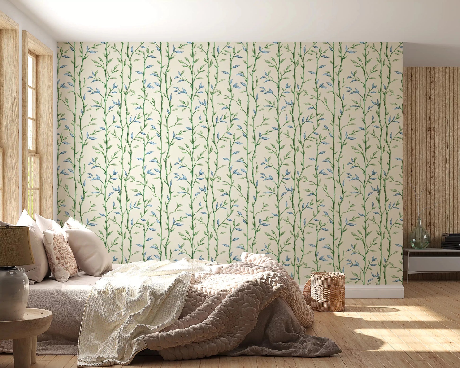 Bamboo Breeze Ivory Wallpaper in a restful bedroom with sunlit neutral bedding