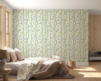 Bamboo Breeze Ivory Wallpaper in a restful bedroom with sunlit neutral bedding