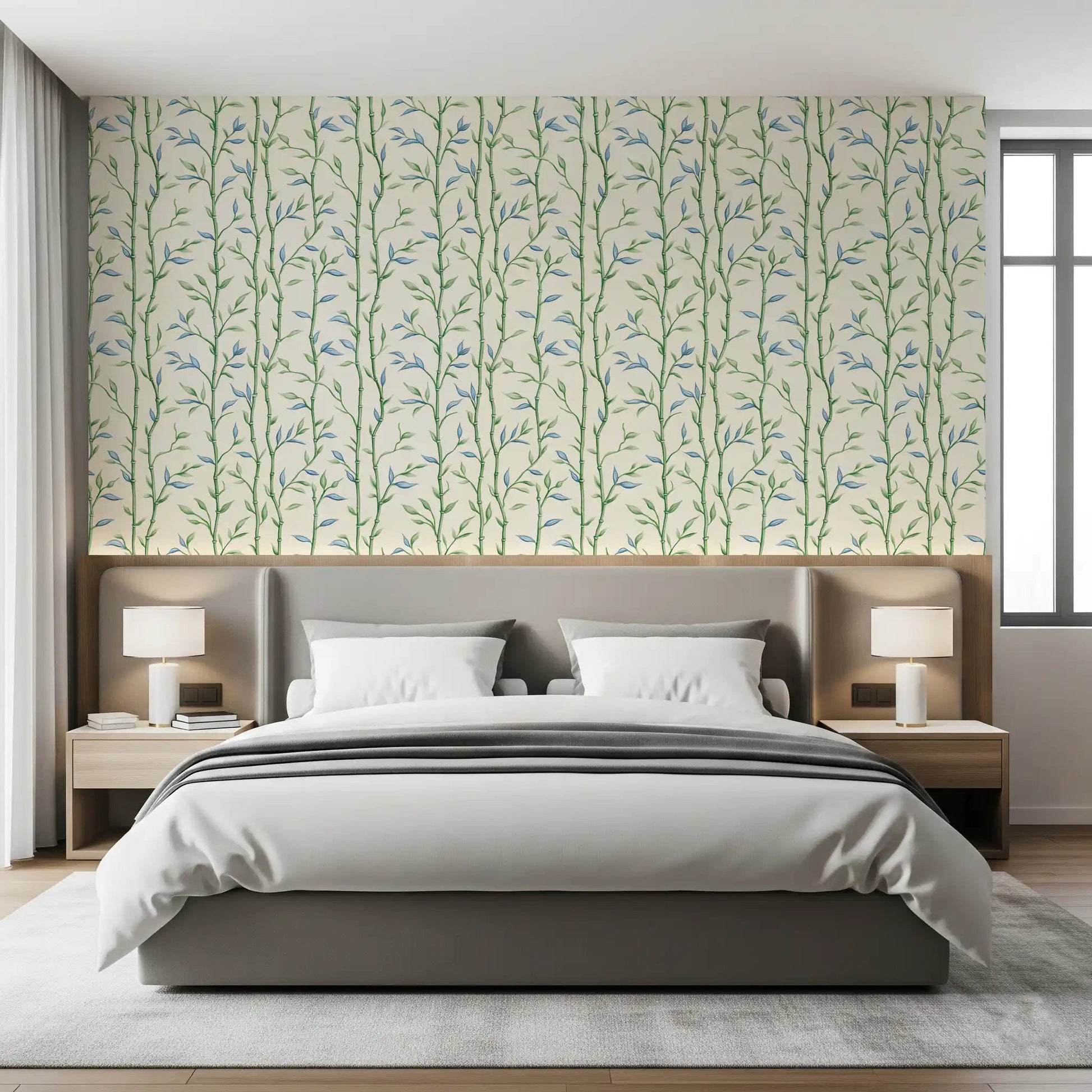 Calm sleeping space framed by Bamboo Breeze Ivory Wallpaper and a low bedroom 