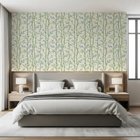 Calm sleeping space framed by Bamboo Breeze Ivory Wallpaper and a low bedroom 